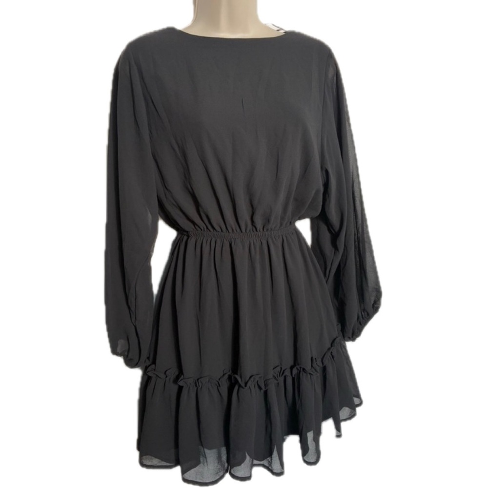 Flying Tomato Long Sleeve Ruffle Trim Elegant Black Mini Dress - NWT Size Small